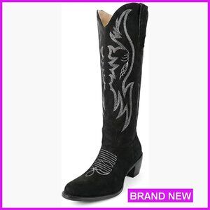 Western Cowgirl Boots Embroidered Suede Pull On Chunky Heel Mid Calf